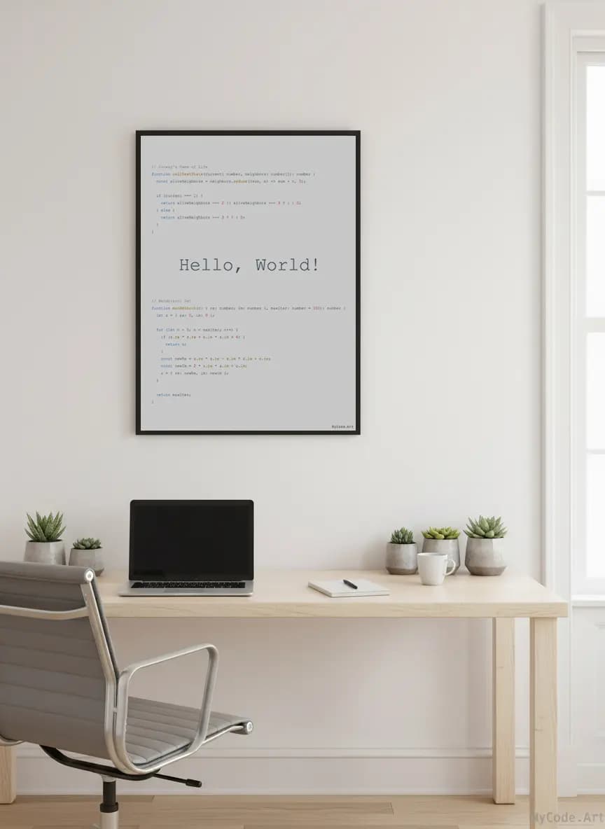 Hello World - Custom code poster: Essential programming message in a visually stunning format.