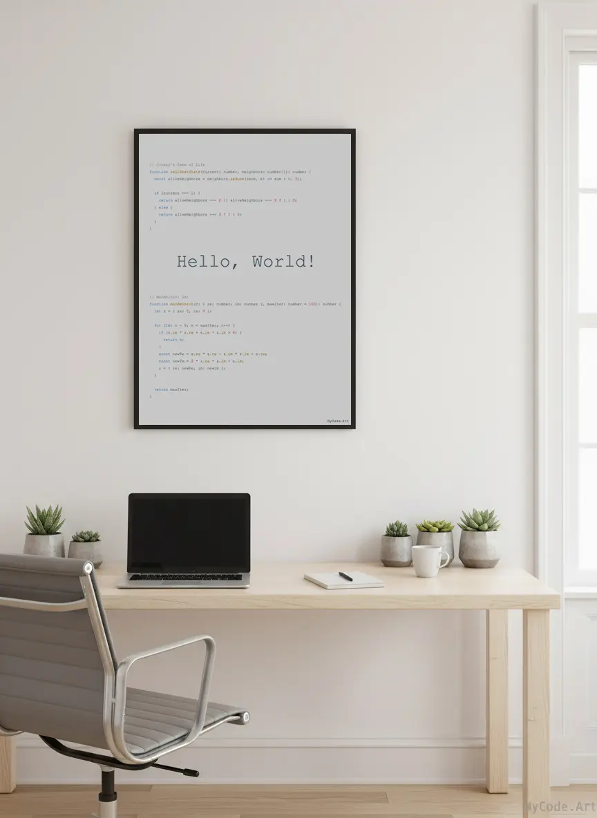 Hello World - Custom code poster: Essential programming message in a visually stunning format.